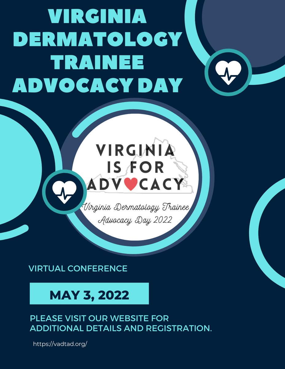 VaDermSociety's tweet photo. Mark your calendars! We are pleased to announce the first annual Virginia Dermatology Trainee Advocacy Day, held virtually on May 3rd, 2022. We look forward to seeing you there!
Please check out our website for additional details.
https://t.co/2XKBdC5iEZ https://t.co/iQOUscF0cl