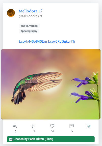 MellodoraArt's tweet photo. It is SUCH an honor that “Emerald” has been selected for #NFTliverpool. I am truly grateful to @ParisHilton (OMG! 🥹) for selecting my work and to @mondoir for his generosity in organizing this amazing event for the NFT community. Thank you!! Happy and excited to be part! https://t.co/0J8NA5qSMl