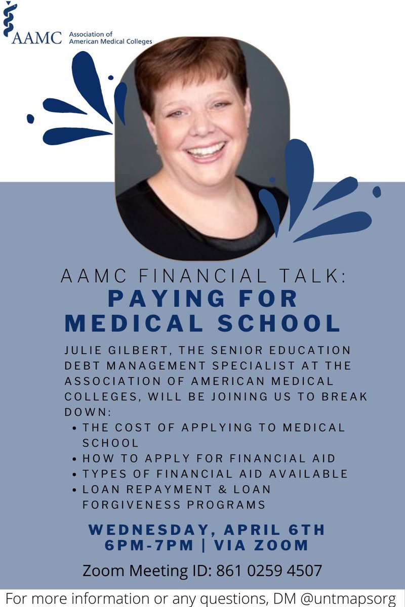 untmapsorg's tweet image. Julie Gilbert is a Debt Management Specialist for AAMC and will be joining us to break down the cost of medical school, financial aid, and loan programs. We can't wait to see everyone on Wednesday, April 6th, via Zoom!