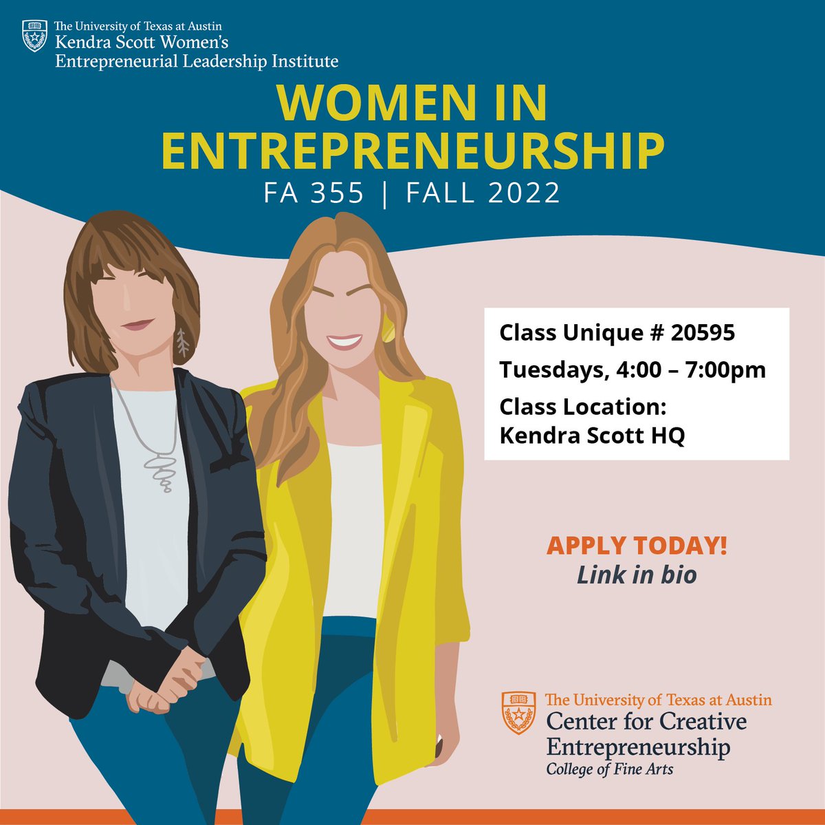 UTCreatives's tweet photo. The Women in Entrepreneurship class will be returning fall 2022 as a part of the new WiE specialization. This partnership with the McCombs School of Business will give students the opportunity to earn a minor in entrepreneurship. Apply now! https://t.co/6HijaHscfi https://t.co/8g9yOxra1w