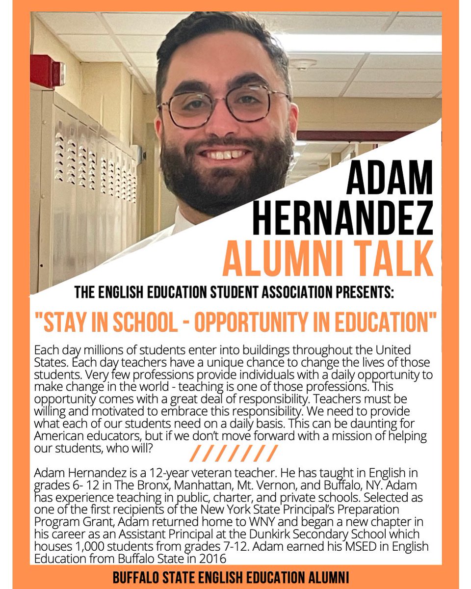 BSCEnglishEd's tweet photo. Welcome back from break! Let’s celebrate together with Adam Hernandez at our Alumni Speaker Series! https://t.co/5AGSImrjHv