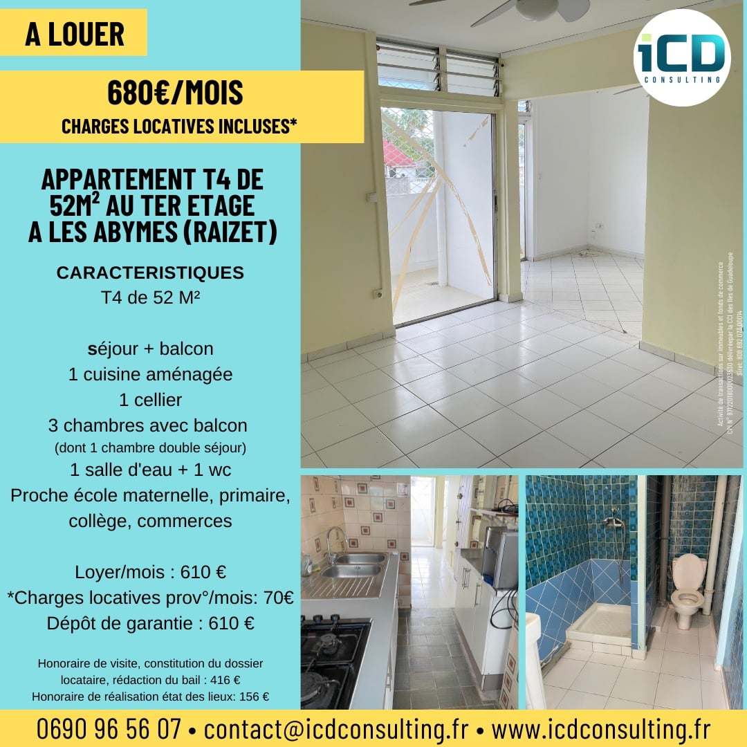 Icdconsult's tweet photo. A louer au Raizet 
un appartement de type T4 de 52M² situé a Les Abymes Raizet
Loyer TTC : 680 €*
Loyer/mois : 610 €
*Charges locatives provision/mois : 70 €
Dépôt de garantie : 610 €
#GUADELOUPE #LOCATION #APPARTEMENT
Icd Consulting 0690 96 56 07
contact@icdconsulting.fr https://t.co/eHjq5wbHRs