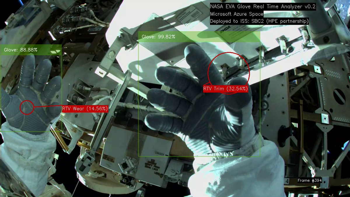 jlzander's tweet photo. Learn how @Microsoft, @NASA, and @HPE tested and deployed an AI workload, trained in @Azure, on the @Space_Station (ISS) to detect damage to astronaut gloves. #AzureSpace → https://t.co/mP51DJ5Ec7 https://t.co/BE05V6Dlp5