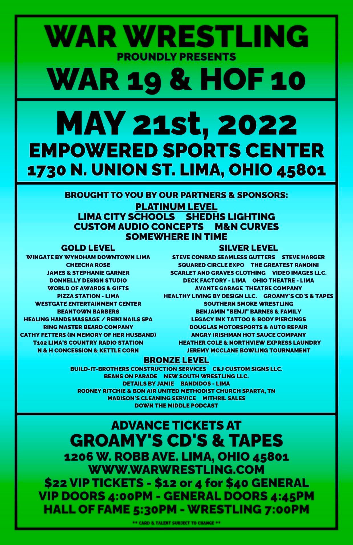 W A R Wrestling 46 Team Partners Amp Sponsor Believe In War 19 Amp Hof 10 On 5 21 In Lima Ohio Prowrestling Limaohio Supportlocalbusiness War19hof10 T Co 0t1jjhiinb Twitter