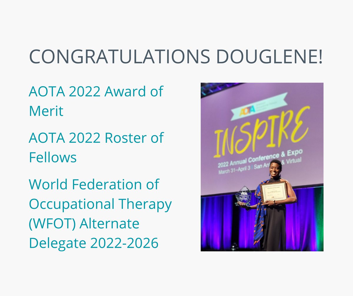 wpspublish's tweet photo. Congratulations to @DrDouglene Jackson on receiving the AOTA 2022 Award of Merit! Thank you for your vision, your leadership, and your many contributions to the field of occupational therapy. 

#AOTAInspire22 #AOTF #OT #OTA #OccupationalTherapy #OccupationalTherapist #OTMonth https://t.co/9VV40Mnf73