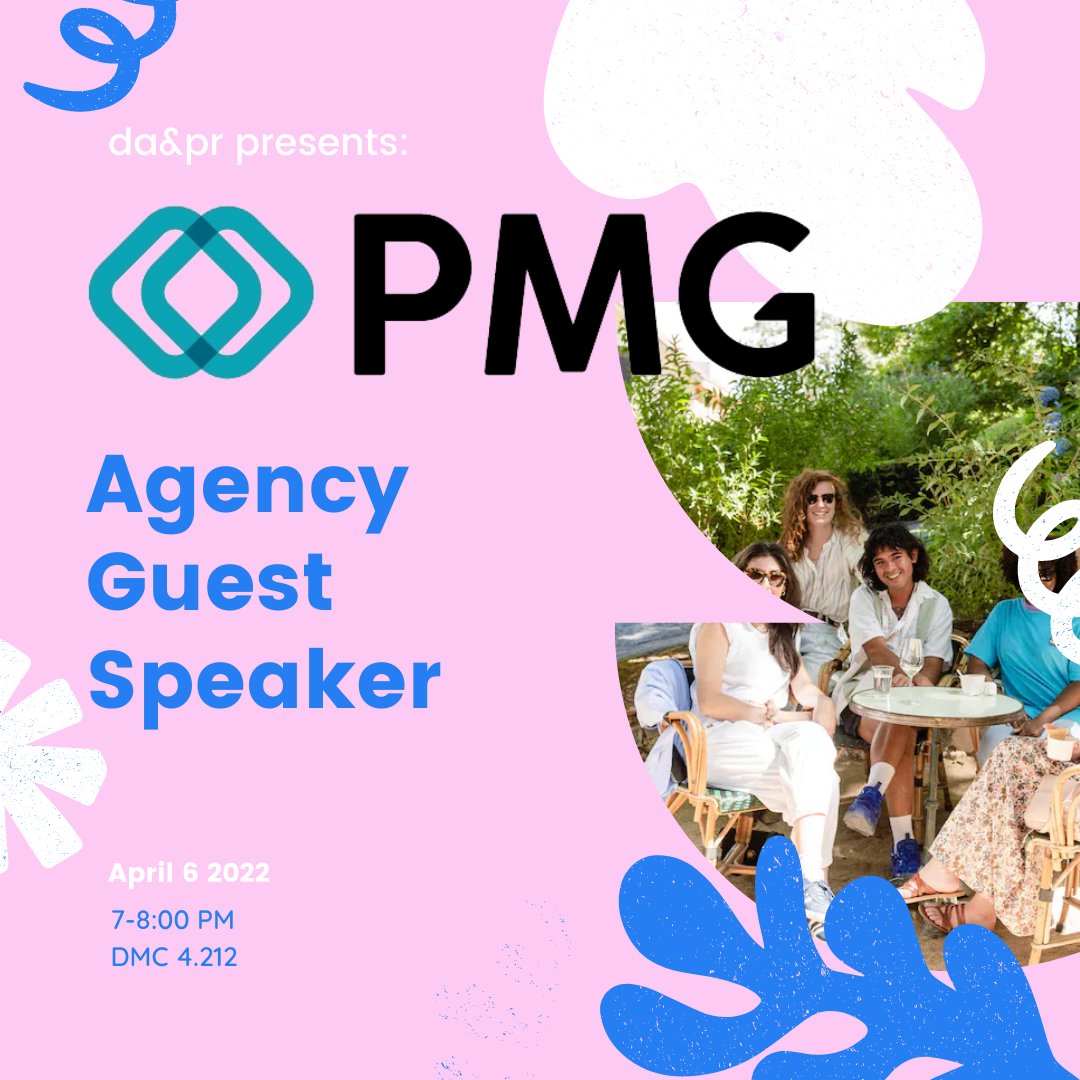 This Wednesday, April 6, DA&amp;PR will be hosting guest agency PMG! Come out to DMC 4.212 from 7-8PM to learn about agency life at PMG and enjoy some free food. #txadpr #utorgs