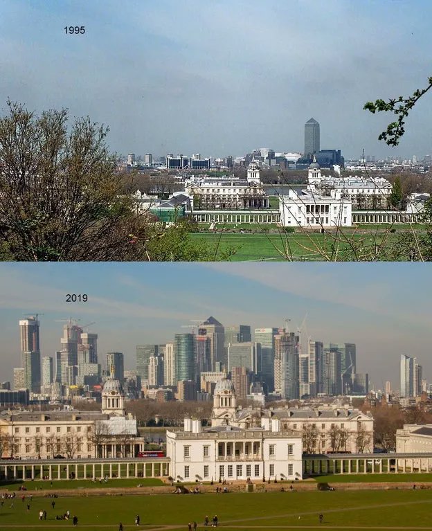 simongerman600's tweet image. Two decades of Canary Wharf, London. As an urban geographer by training I love images like this! Source: buff.ly/3DszK9V