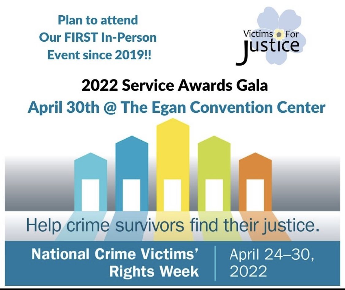 2022 Service Awards Gala is just around the corner! Reserve your Tables or Tickets and join us as we honor those who go above and beyond for victims of violent crimes. April 30th 2022  victimsforjustice.ejoinme.org/MyEvents/Natio…  #VFJ #NCVRW2022 #serviceawards #galaevent #advocateforvictims