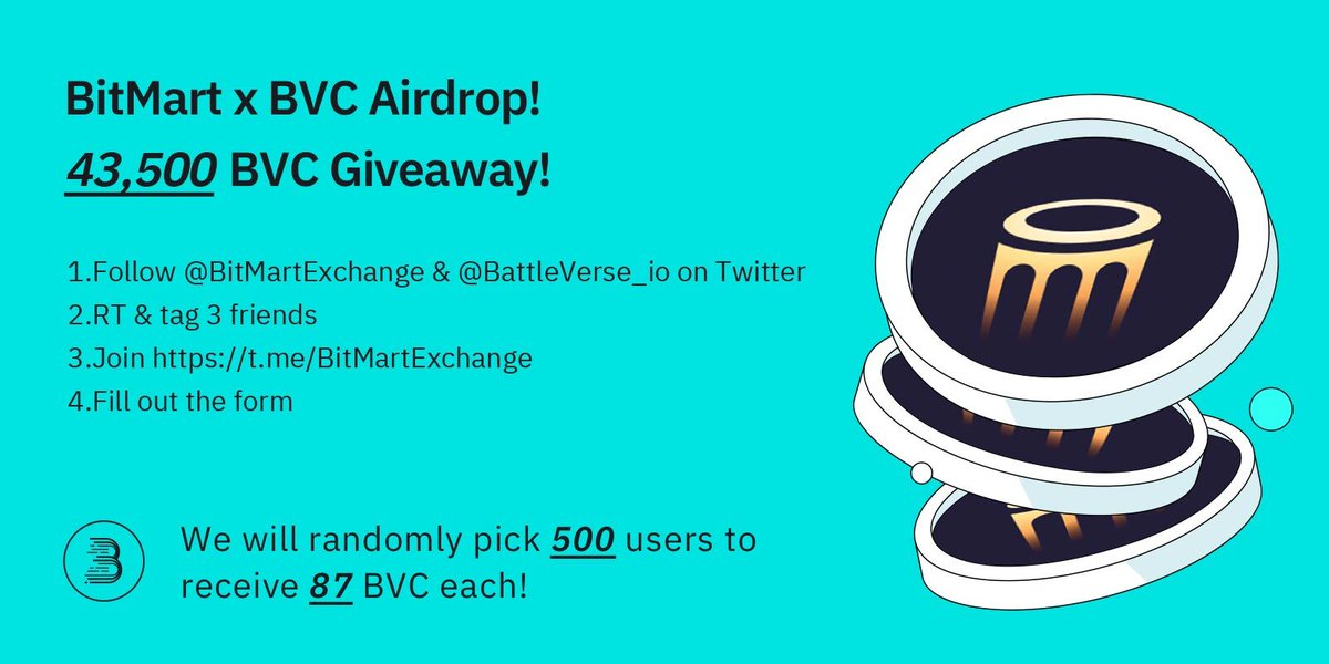 🎉To celebrate <a href="/BattleVerse_io/">BattleVerse</a> primary listing, we’re giving 43.5k BVC away! 
 
1⃣ Follow <a href="/BitMartExchange/">BitMart</a> &amp; <a href="/BattleVerse_io/">BattleVerse</a> 
2⃣ RT and tag 3 frds
3⃣Join t.me/BitMartExchange
4⃣Fill: forms.gle/CQnc91dzkLsy2T…
 
✨ 500 winners receive 87 BVC each!
⏰ Enter by 12:00 PM EDT Apr 10