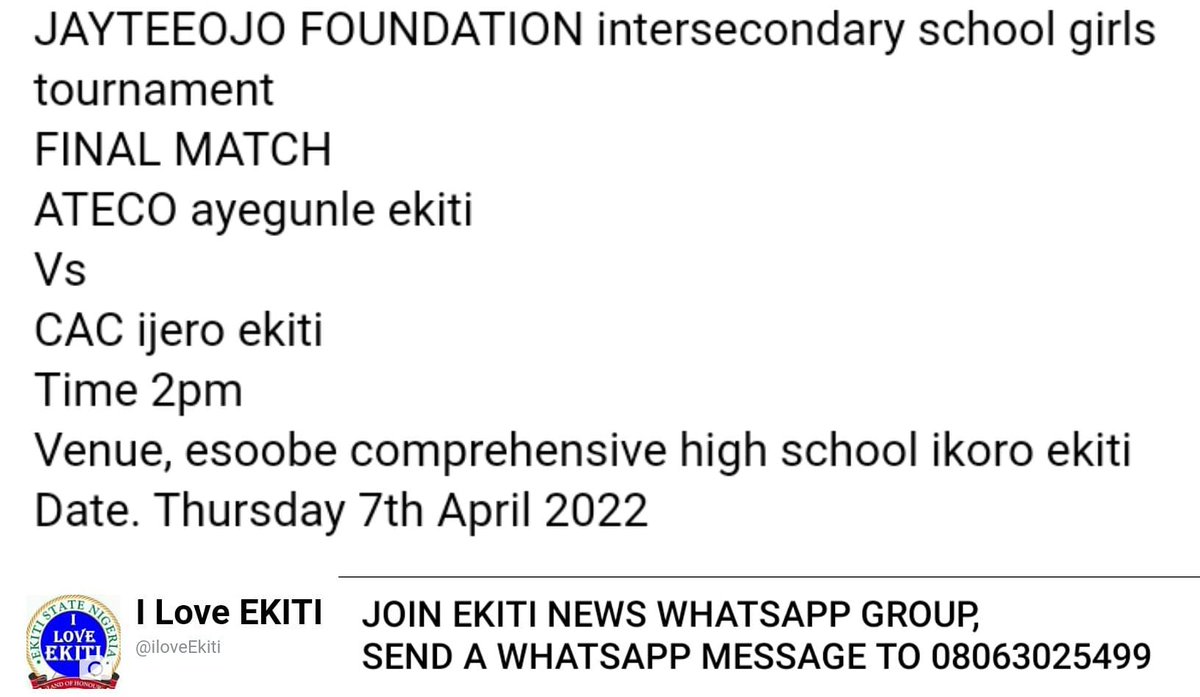 iLoveEKITI's tweet photo. JAYTEEOJO FOUNDATION intersecondary school girls tournament 

FINAL MATCH 
ATECO ayegunle ekiti
Vs
CAC ijero ekiti 

Time 2pm 
Venue, esoobe comprehensive high school ikoro ekiti 
Date. Thursday 7th April 2022 https://t.co/VJu9t2vvz5
