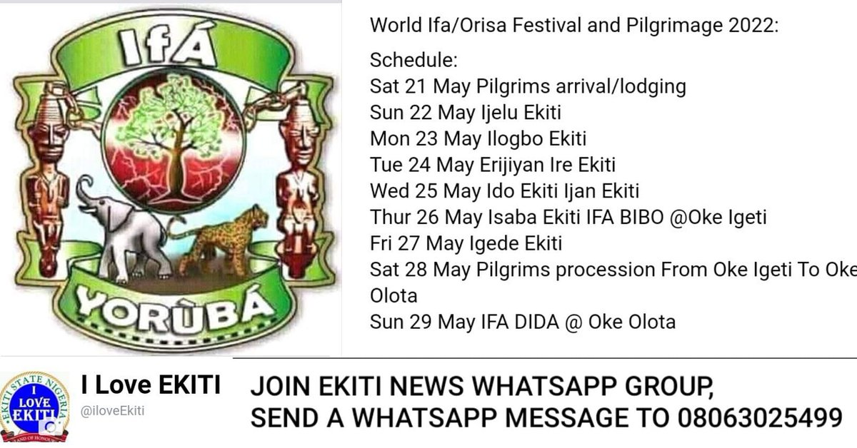 iLoveEKITI's tweet photo. WORLD IFA/ORISA FESTIVAL &amp; PILGRIMAGE 2022

 21st May - 29th May

SEE THE SCHEDULE HERE: 
https://t.co/vIa2IdVO90

#ifa #orisa #worldifaday #worldorisaday #ifa2022 #orisaday #ifaday #orisaday2022 #ifaday2022  #orisa2022 #worldifaday2022 #worldorisaday2022 #worldifaorisa2022 https://t.co/WIdbqcJLp4