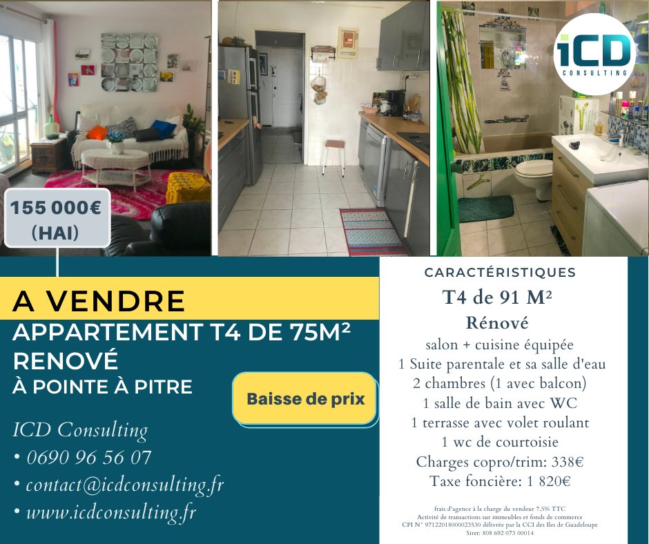 Icdconsult's tweet photo. BAISSE DE PRIX
A VENDRE à Pointe à Pitre idéalement situé 
Appartement de type T4 de 91 M² Rénové dans une résidence avec ascenseur.
Charges copro/trim: 338€
Taxe foncière: 1 820€
Icd Consulting 0690965607
contact@icdconsulting.fr
#immobilier #vente #maison #patrimoine https://t.co/EWexJeJQvE