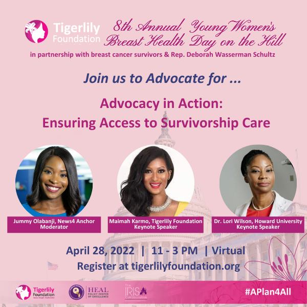 tigerlilycares's tweet photo. Join @JummyNBC, @Maimah, and @DrLori_HBCUnit for Advocacy in Action: Ensuring Access to Survivorship Care on April 28th at 11:00 AM ET for the 8th Annual #YWBHD. We aim to ensure access to survivorship care through legislative action #APlan4All Register:  https://t.co/hHhOxwsanO https://t.co/eno7v6NPl2