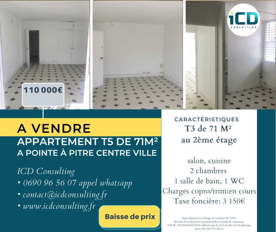 Icdconsult's tweet photo. A VENDRE à Pointe à Pitre idéalement situé
Appartement de type T3 de 71 M² situé au 2 ème étage 
Charge copro trimestre: 370€
Taxe foncière: 3 150€
Icd Consulting 0690965607
contact@icdconsulting.fr
Prix de vente 110 000€ HAI
#immobilier #vente #maison #patrimoine https://t.co/Qk1xyZcGpl