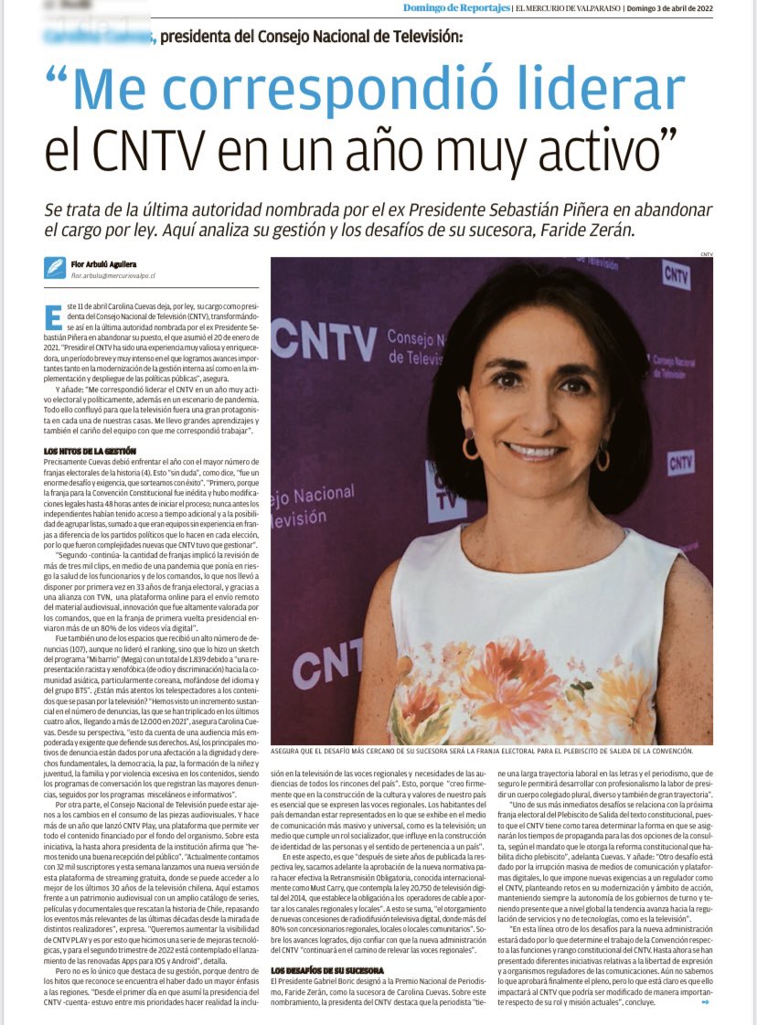A pocos días de dejar la presidencia del <a href="/CNTVChile/">CNTVChile</a>, les comparto nota del <a href="/mercuriovalpo/">El Mercurio de Valparaíso</a> sobre el trabajo del CNTV en el 2021. 

Un año activo electoral y políticamente y en pandemia, donde la 📺 estuvo muy presente en el hogar 🏠