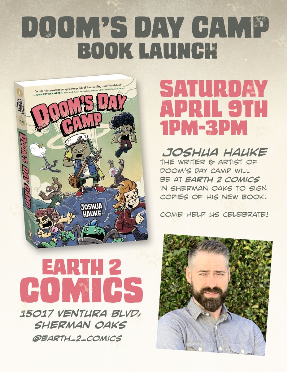 MortimerJMoose's tweet photo. I’m so thankful that one of my favorite spots in LA, @earth_2_comics is hosting my book launch. I hope you can all come out and join in on the fun. #doomsdaycamp #booklaunch #earth2comics https://t.co/XUkJQnbLuV