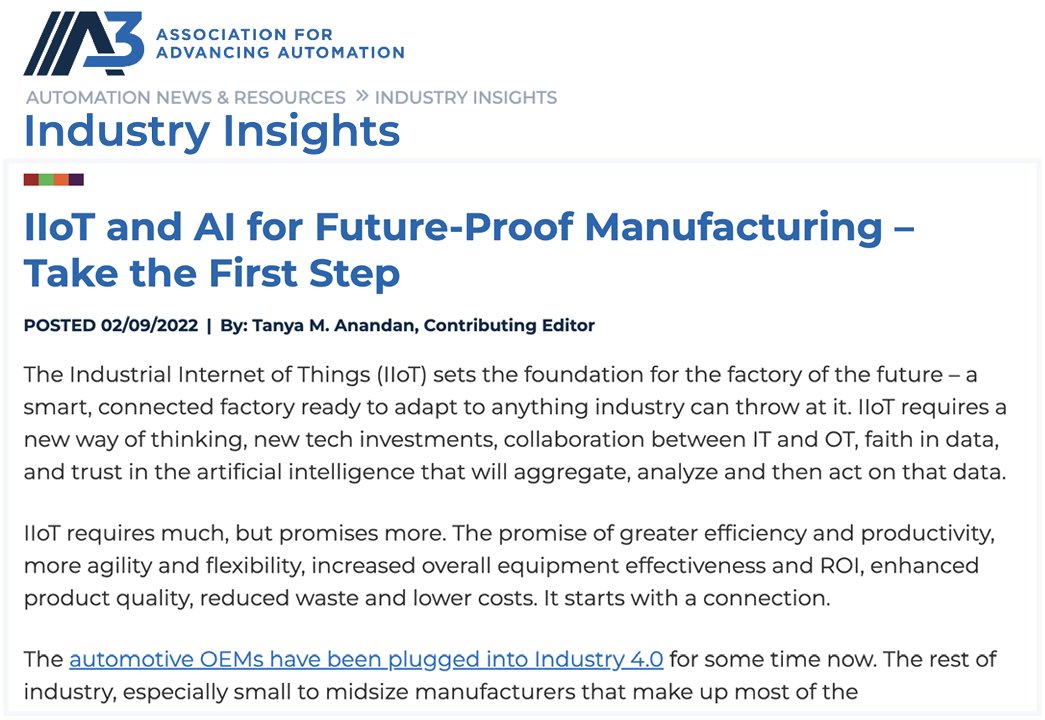 A3 Artificial Intelligence (@ai_a3automate) on Twitter photo IIoT and #AI: Harness the right data, start small & think smart. Here are steps every manufacturer can take now to #future-proof your factory. > hubs.la/Q017mWRM0
<a href="/ABBRobotics/">ABB Robotics</a> @Balluff <a href="/MachineMetrics/">MachineMetrics</a> #IndustryInsight #automotive #industry40 #manufacturing #RaaS #IIoT IIoT and #AI: Harness the right data, start small & think smart. Here are steps every manufacturer can take now to #future-proof your factory. > hubs.la/Q017mWRM0
<a href="/ABBRobotics/">ABB Robotics</a> @Balluff <a href="/MachineMetrics/">MachineMetrics</a> #IndustryInsight #automotive #industry40 #manufacturing #RaaS #IIoT