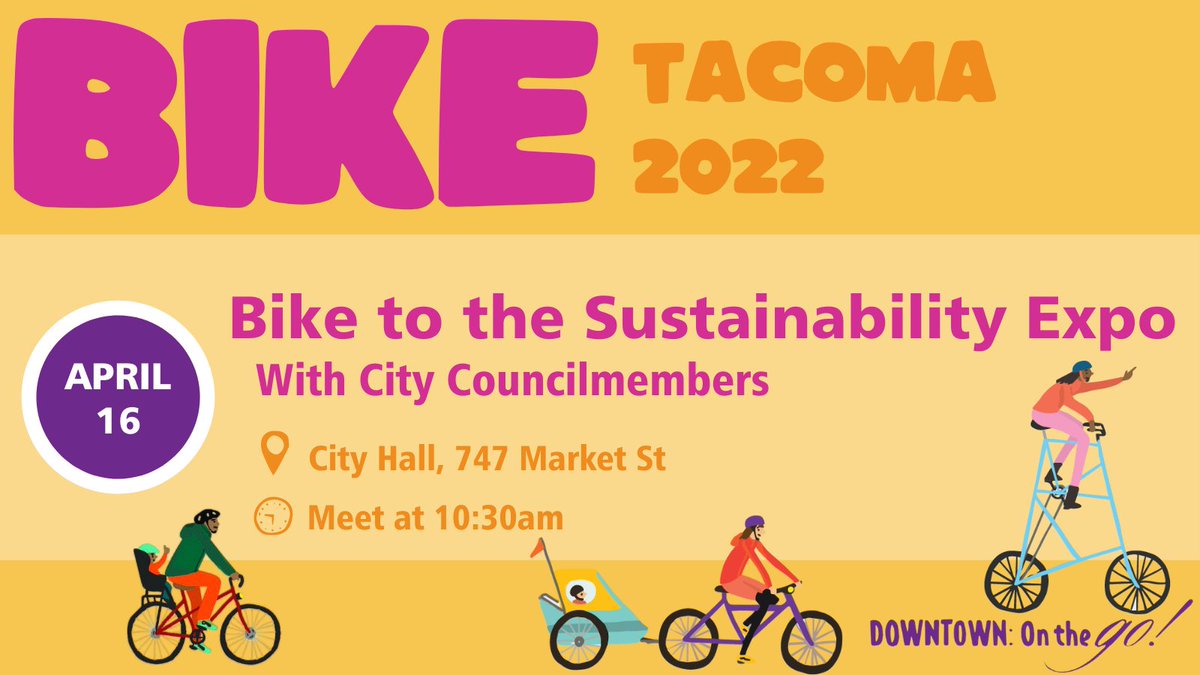 DowntownOntheGo's tweet photo. The South Sound Sustainability Expo is back, and with it is Downtown On the Go’s annual ride. Get your bike ready for spring and ride up to the Expo in zero carbon style, joined by several Tacoma City Council Members. Info &amp; Registration: https://t.co/7PfRGHv5Iy https://t.co/yRC7Fhlpja