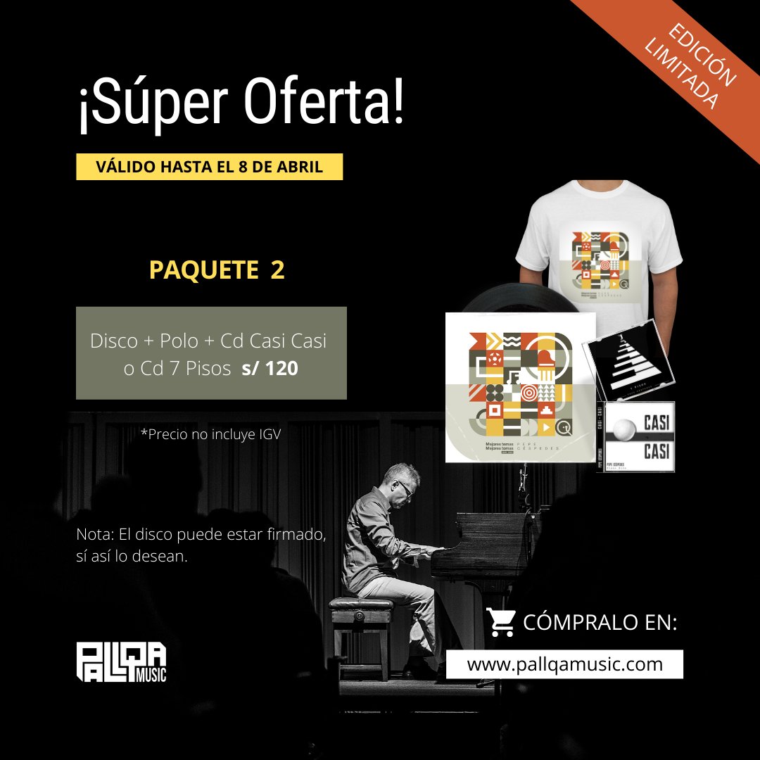 PallqaMusic's tweet photo. ¡OFERTA! Compra el disco vinilo autografiado, polo oficial, CD 7 Pisos y/o CD Casi Casi a un súper precio hasta el día del concierto (8 de abril).Escríbenos por DM a nuestras redes sociales para coordinar tu compra.
@PallqaMusic 
@ppcespedes 
#SonidoPallqa #PianoPeruano https://t.co/2Uih83Xgtb