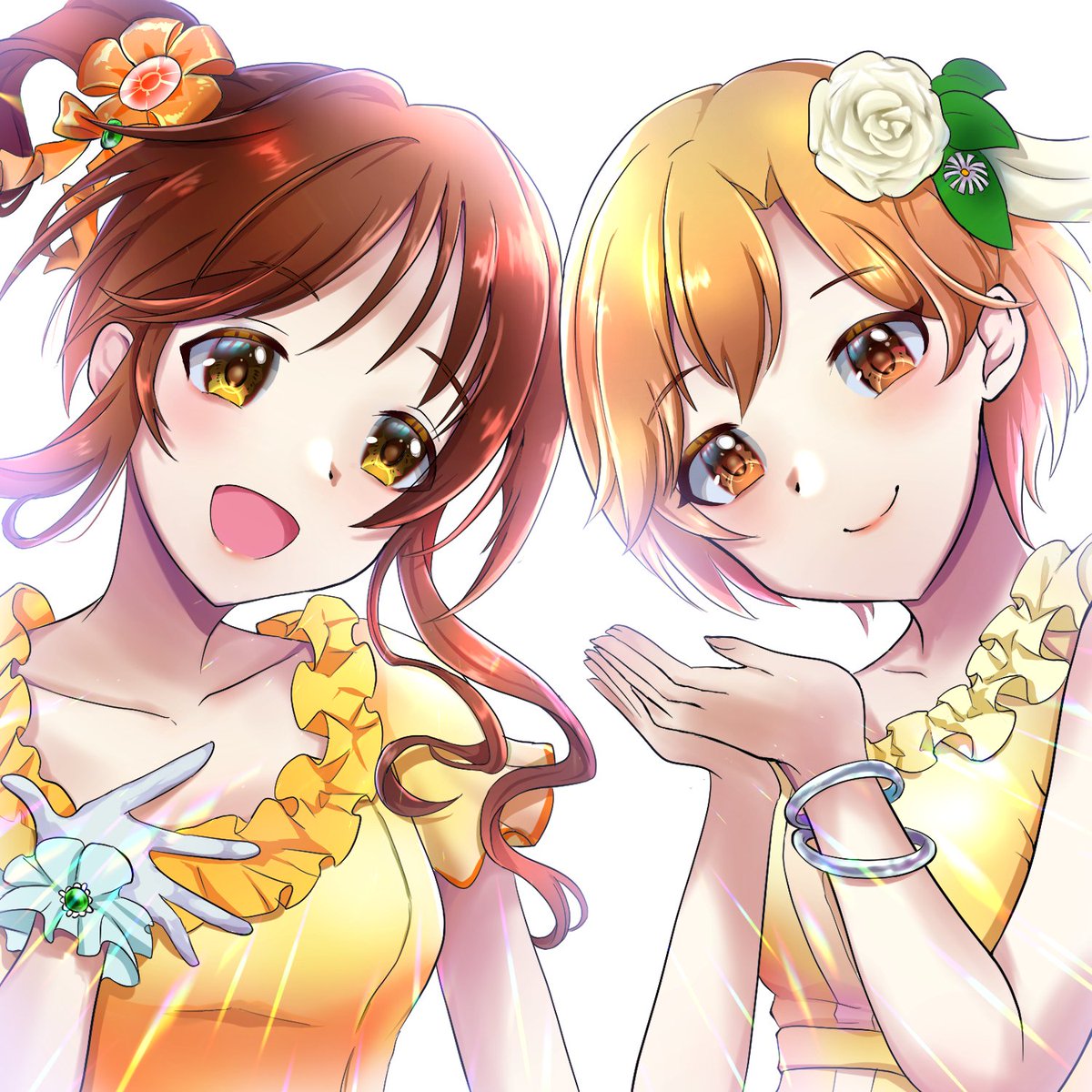 takamori aiko multiple girls 2girls smile hair ornament flower collarbone brown hair  illustration images