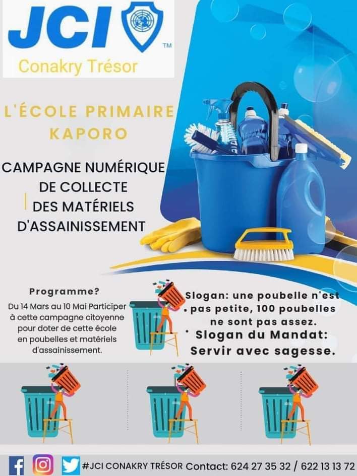 Dans le cadre de la réalisation de la 9 ème édition du projet "ESPACE PROPRE", la JCI Conakry Trésor démarre sa campagne de collecte de matériels d'assainissement pour doter l'école primaire Kaporo. 
Suivez la suite du texte sur le lien suivant :
👇🏿👇🏿👇🏿👇🏿
facebook.com/19390560030892…