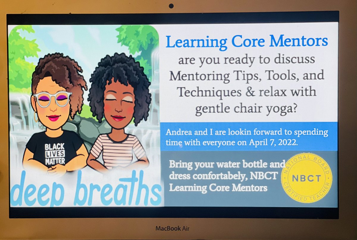 MentorTeacher4's tweet photo. Learning Core #NBCT Mentors have you signed up for the next Tips, Tricks and Techniques session on Thursday, April 7th at 7:00 pm  EST? We will have yoga with Drea. See you then! 
#LearningCore @TeacherLeader76 sign up today! https://t.co/sqeYSfRvlv