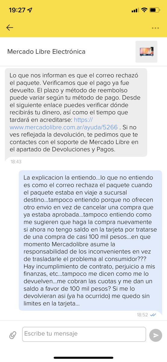 NicolasZaia's tweet photo. Compro una tele de 100 lucas a @ML_Argentina (no a un 3ro)me la mandan por Mercado Envios, a mitad de camino me cancelan la compra…y no tienen explicaciones para darme porque no cuentan con informacion?? atencion al consumidor a marzo!!… @chcibelli algo falló en el proceso!! https://t.co/odJRpbRJ07