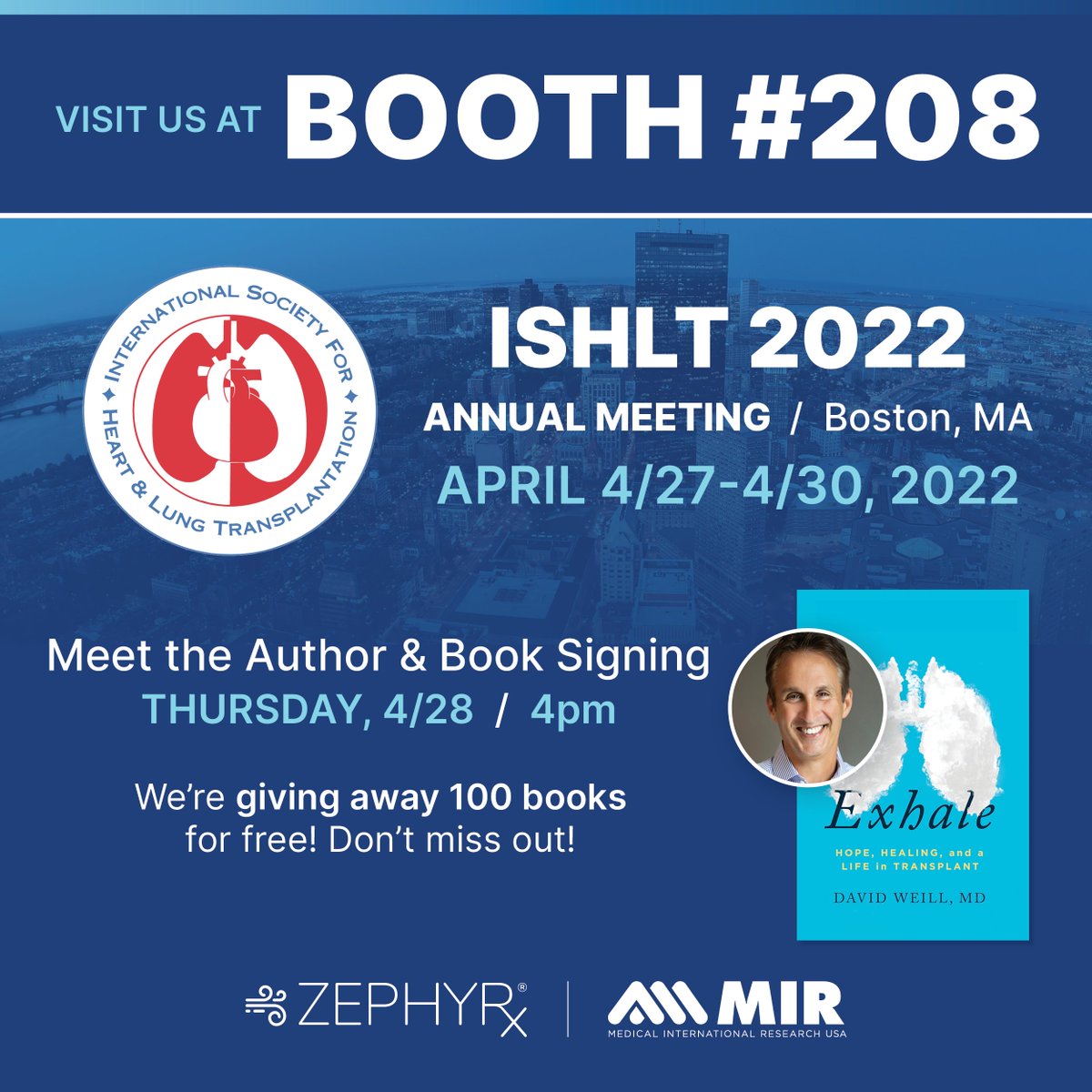 Attending #ISHLT2022? Swing by BOOTH# 208 and demo our #remoterespiratorymonitoring solutions for lung transplant. ishlt.org/ishlt2022

We're hosting a free book signing with Dr. David Weill's book Exhale. We’re giving away 100 free books!
bit.ly/ExhaleDrWeill