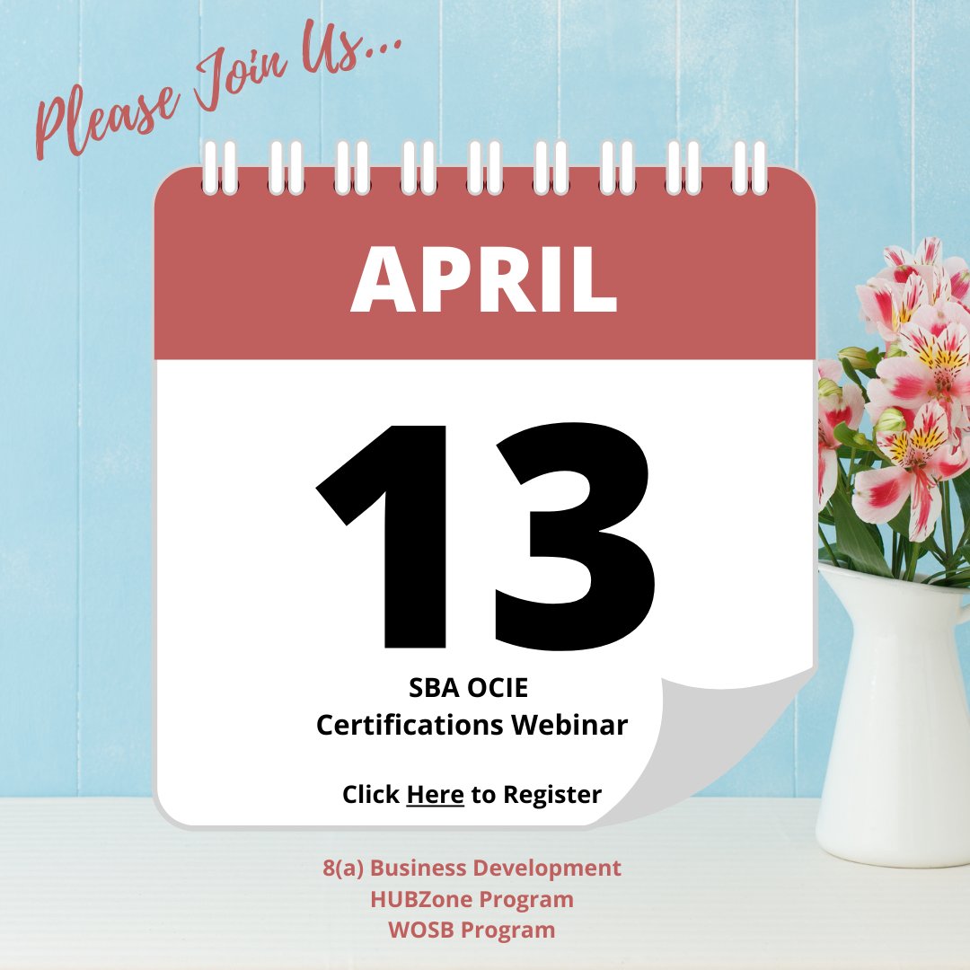 SBA_OCIE's tweet photo. Please join us for the SBA's OCIE Certifications Webinar and learn about Federal #GovernmentContracting opportunities. https://t.co/cDQXsaM87O
#SBA #SmallBiz #8a #HUBZone #WOSB #VOSB #GovCon https://t.co/lqBLqc1Tub