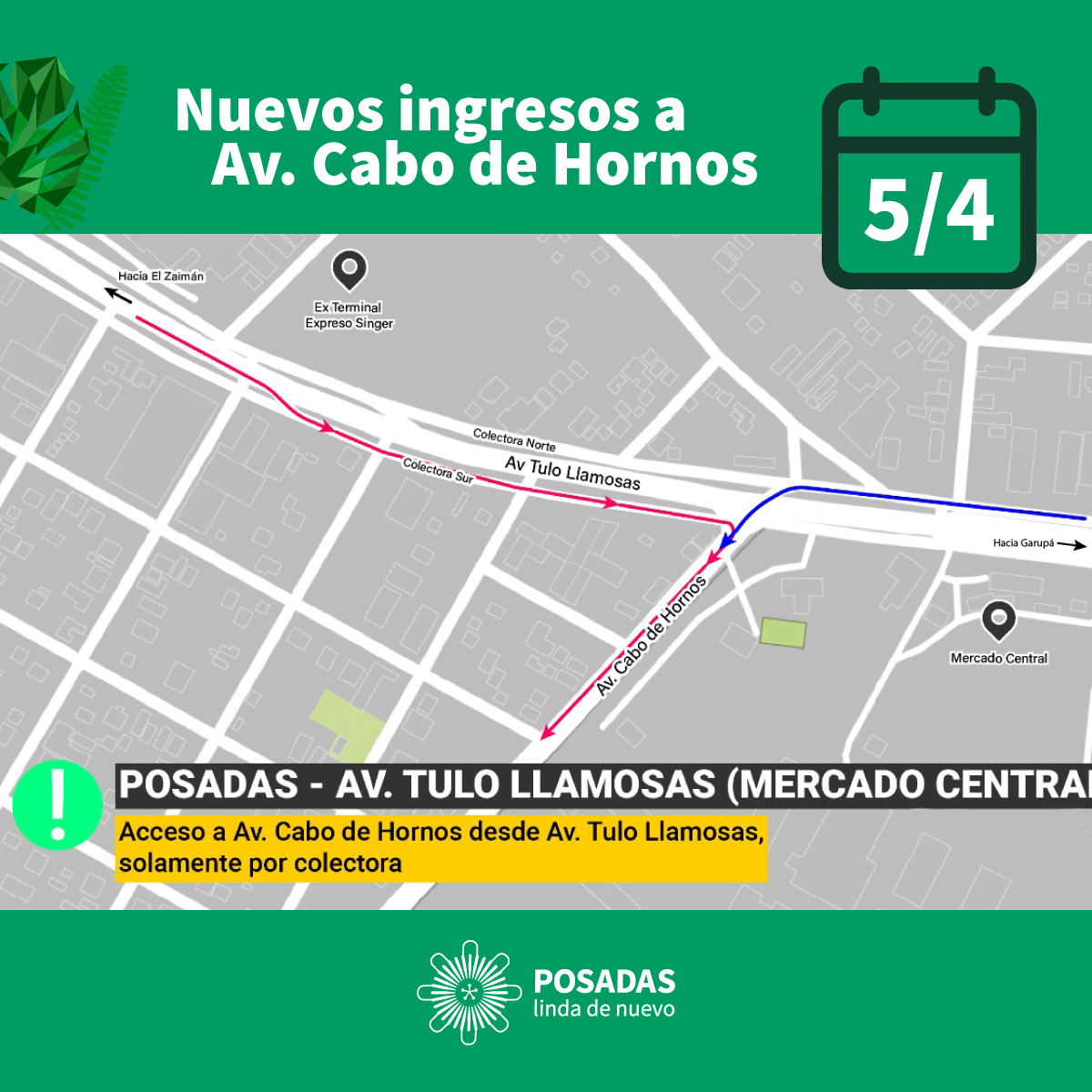 Atención ‼️🚗🏍️

✔️Desde el martes, se deberán utilizar las colectoras de la av. Tulo Llamosas para ingresar a la av. Cabo de Hornos, en ambos sentidos de circulación.

✔️ Se configuraron los ciclos semáforicos para indicar los distintos giros.
