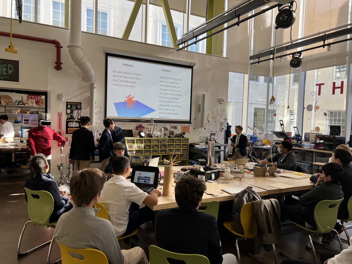 FessyiLab's tweet photo. Students in Mr. Morgan's English class gave their final presentations for the "Bias Looks Like________" studio in the CCI this morning. #studiolearning #makered #pbl #designthinking #create #handsonlearning #innovativelearning https://t.co/0JXY7nbnCR