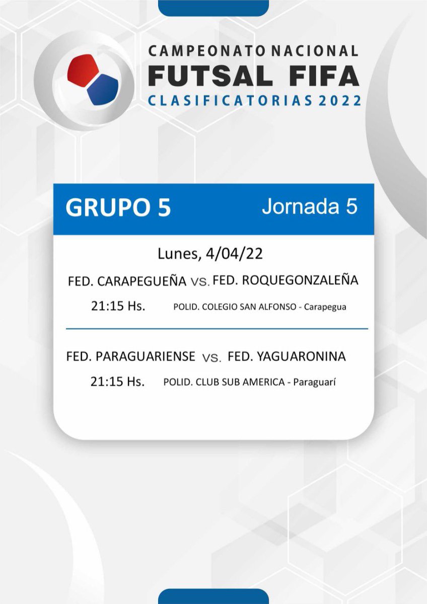 FutsalFIFAPy's tweet photo. 🗓 Programación de los partidos de esta noche. 

El Grupo 2, Grupo 9 y Grupo 10 terminan su paso por las Clasificatorias rumbo al Campeonato Nacional 2022.

#CampeonatoNacional2022 #FutsalFIFA https://t.co/oV8DC7UNcx