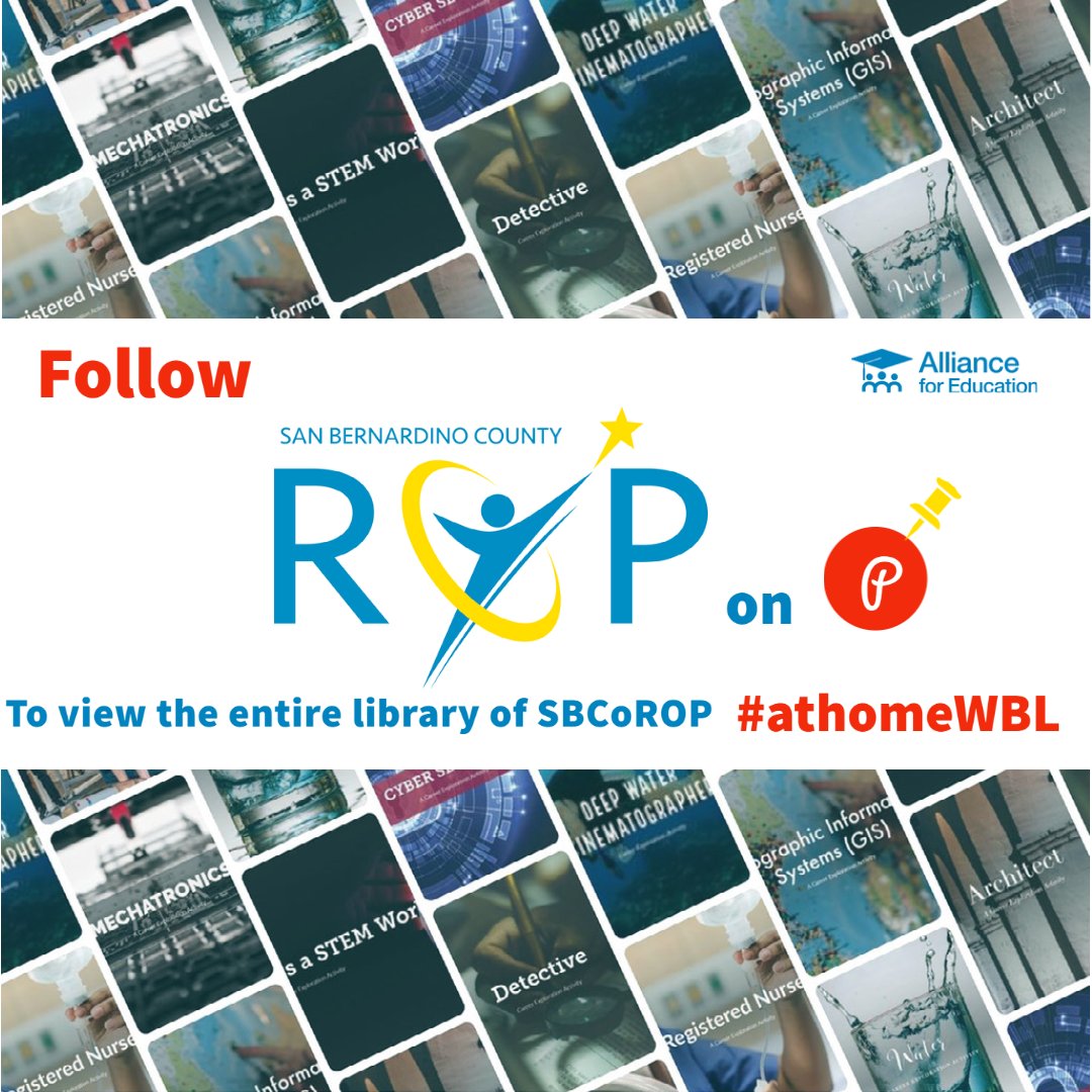 SBCo_ROP's tweet image. Looking for ways to connect your #classroom to the #WorldofWork? Check out #athomeWBL digital lessons. Just search @a4e0004 on @Pinterest to view the entire library! #CTE #WorkBasedLearning #JobSearch #CareerExploration
@SBC_Alliance @CRYROP @MorongoUnified @RedlandsUSD @RCOECTE