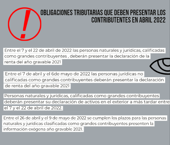 VeraAsesores's tweet photo. Obligaciones tributarias que deben presentar los contribuyentes en abril 2022.
.
.
.
#contadores #abril #obligacionestributarias #exogena #Renta https://t.co/8yCTXQSG5g