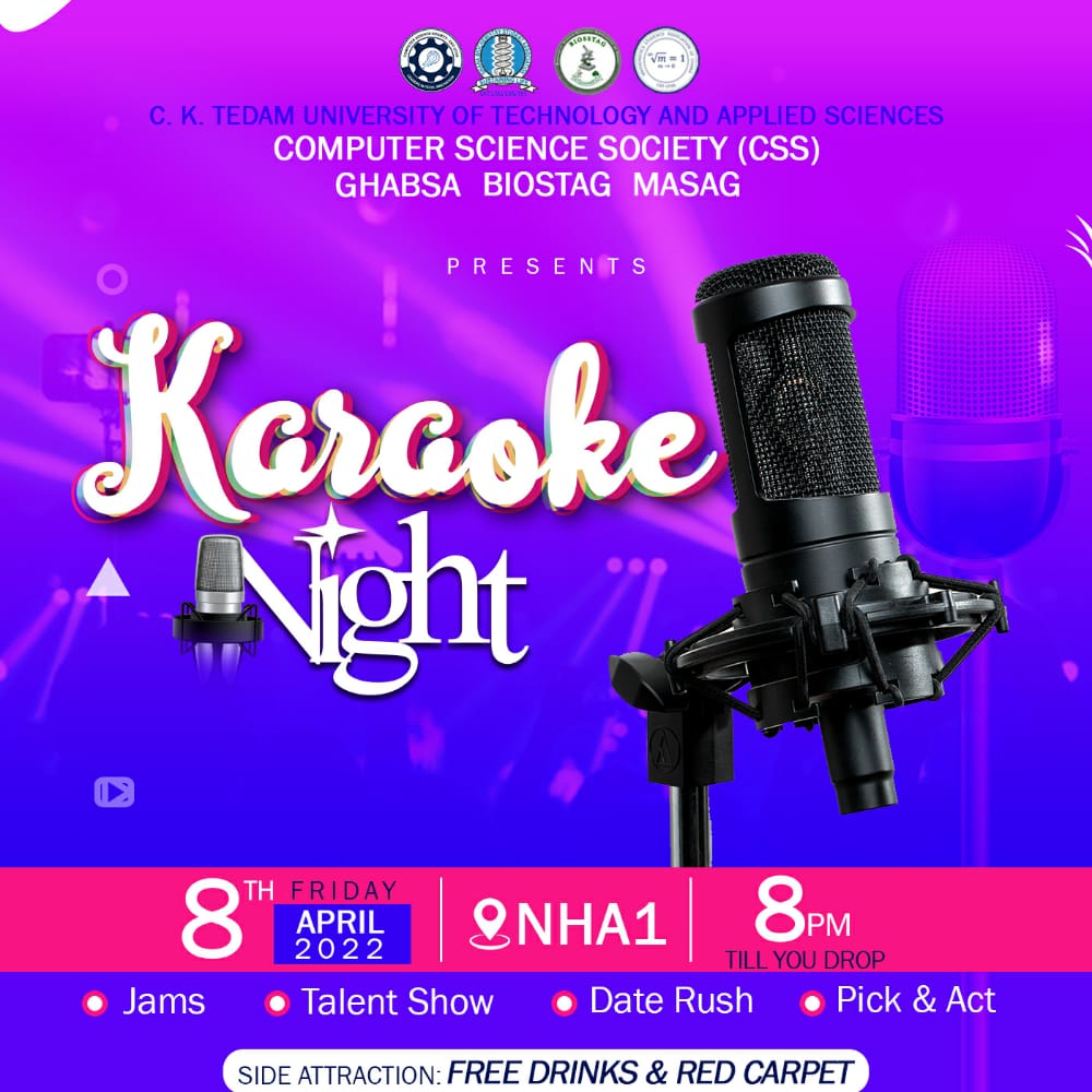 cktutas_css's tweet photo. Save the date⏰
Come and let's release some bugs (stress) after long hours of coding......

Abi your mind dey!?😊

#freshersweek 
#Akwaaba 
#karaokenight
#coded4action https://t.co/okZ444cipO