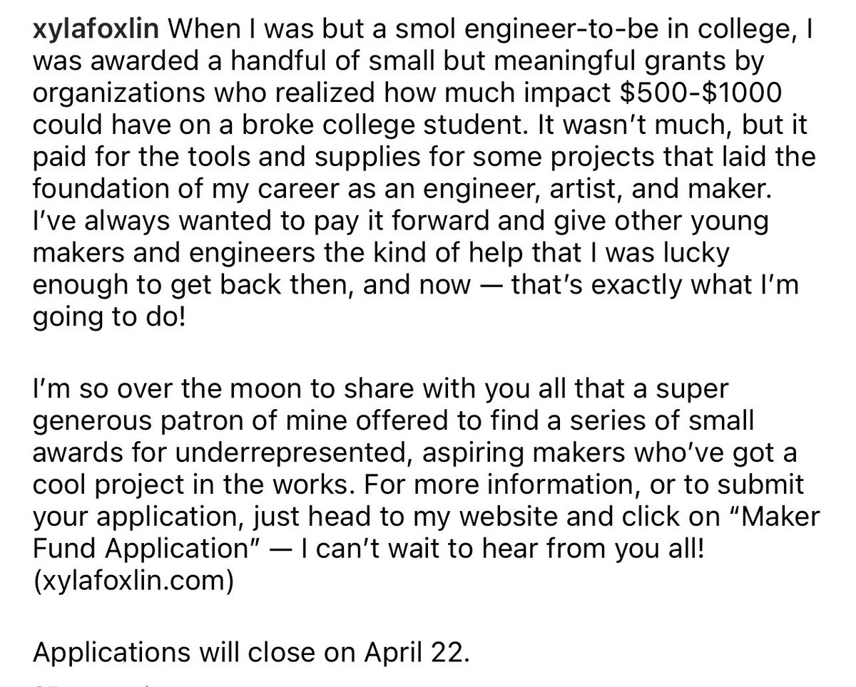 XylaFoxlin's tweet image. SOOOO excited to share my new Makers Fund; sponsored by a generous patron of mine. A $500 grant changed my life when I was 19, and I can’t wait to pay it forward to other minority makers who’ve got ideas that they need tools or supplies for!

To apply: xylafoxlin.com/maker-fund