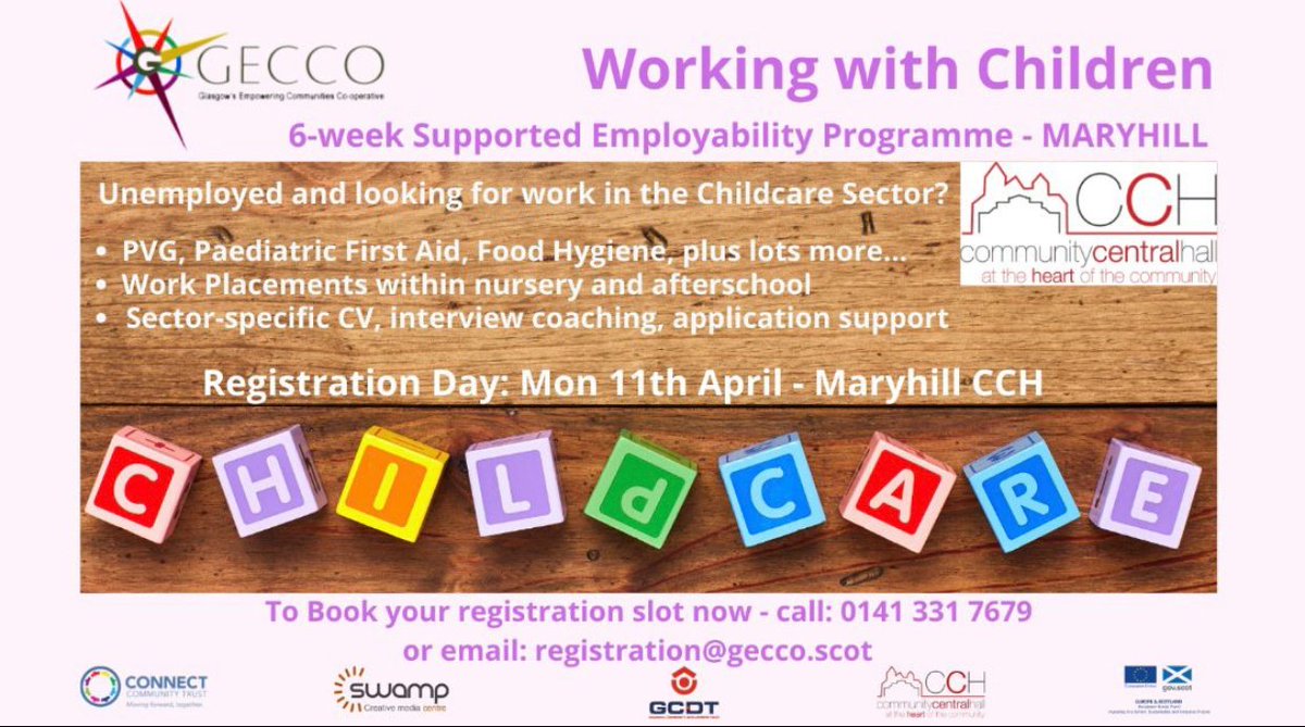 Looking to work in childcare? We are recruiting as part of <a href="/GECCoSCOT/">GECCo</a> a practical programme towards employability. Get in touch, registration 11th April!
