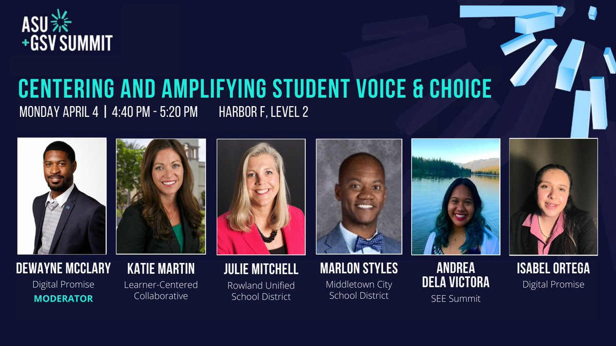 LCCollaborative's tweet photo. Happening in 1 HOUR at @asugsvsummit:
@katiemartinedu, student speakers, & #LearnerCentered leaders discuss Centering and Amplifying Student Voice and Choice! #asugsv22 #asugsv https://t.co/mwVWeZHYlT