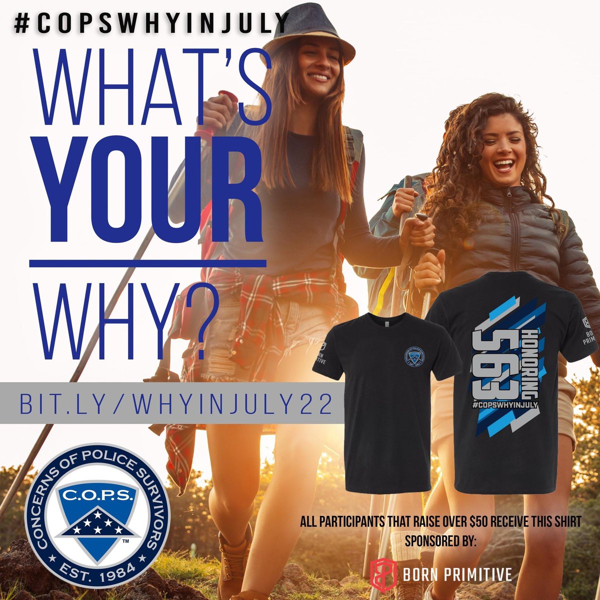 nationalcops's tweet photo. In just 3 SHORT MONTHS, we will be in JULY! Have YOU registered to join us in honoring the 563 fallen heroes with 563 minutes of activity for #COPSWhyInJuly! If you raise over $50 receive a shirt sponsored by @BornPrimitive! Don't miss out, register TODAY: https://t.co/l1o6NURtsZ https://t.co/6wVe5S9jQw