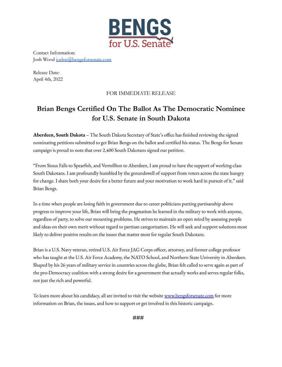My statement on becoming the Democratic nominee for U.S. Senate against John Thune #SDSen