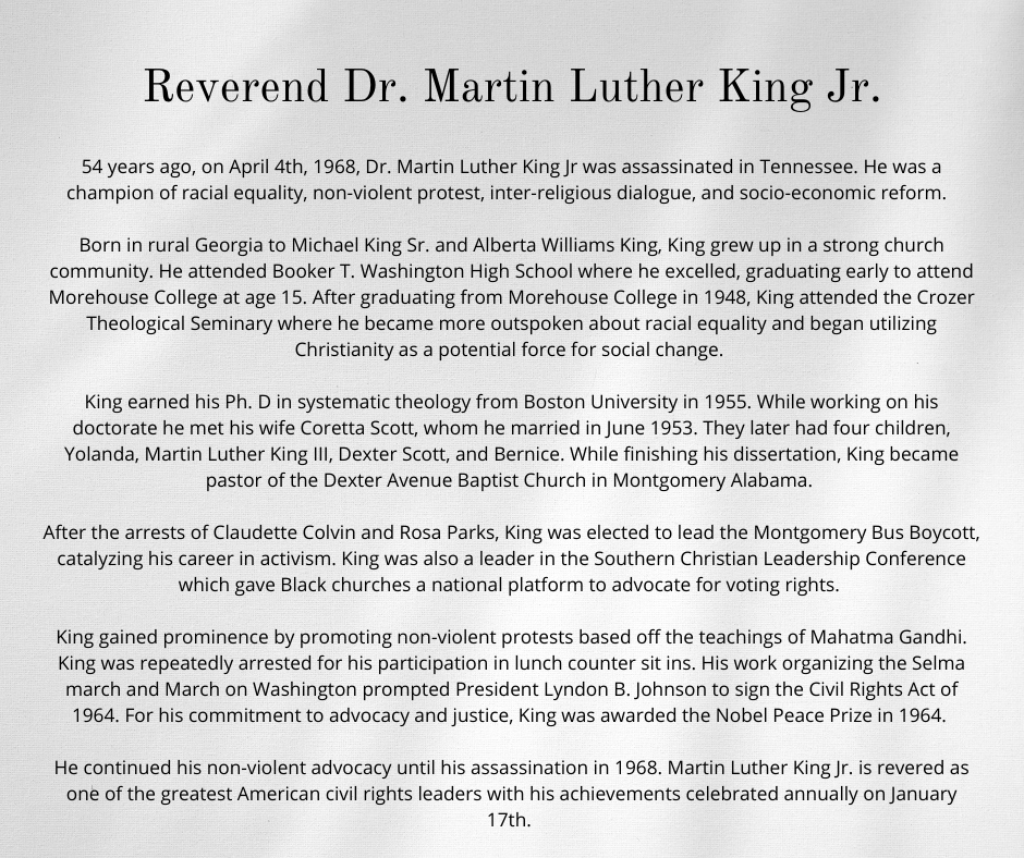 CivicFriendship's tweet photo. Today we celebrate the life of Dr. Martin Luther King Jr. on the 54th anniversary of his assassination. Read more about his life of advocacy, promoting racial and civic dialogue here. 
#mlk #civicfriendship #civilrights #ihaveadream #blackhistory #interrelgiousdialogue https://t.co/8zV0yiZmo6