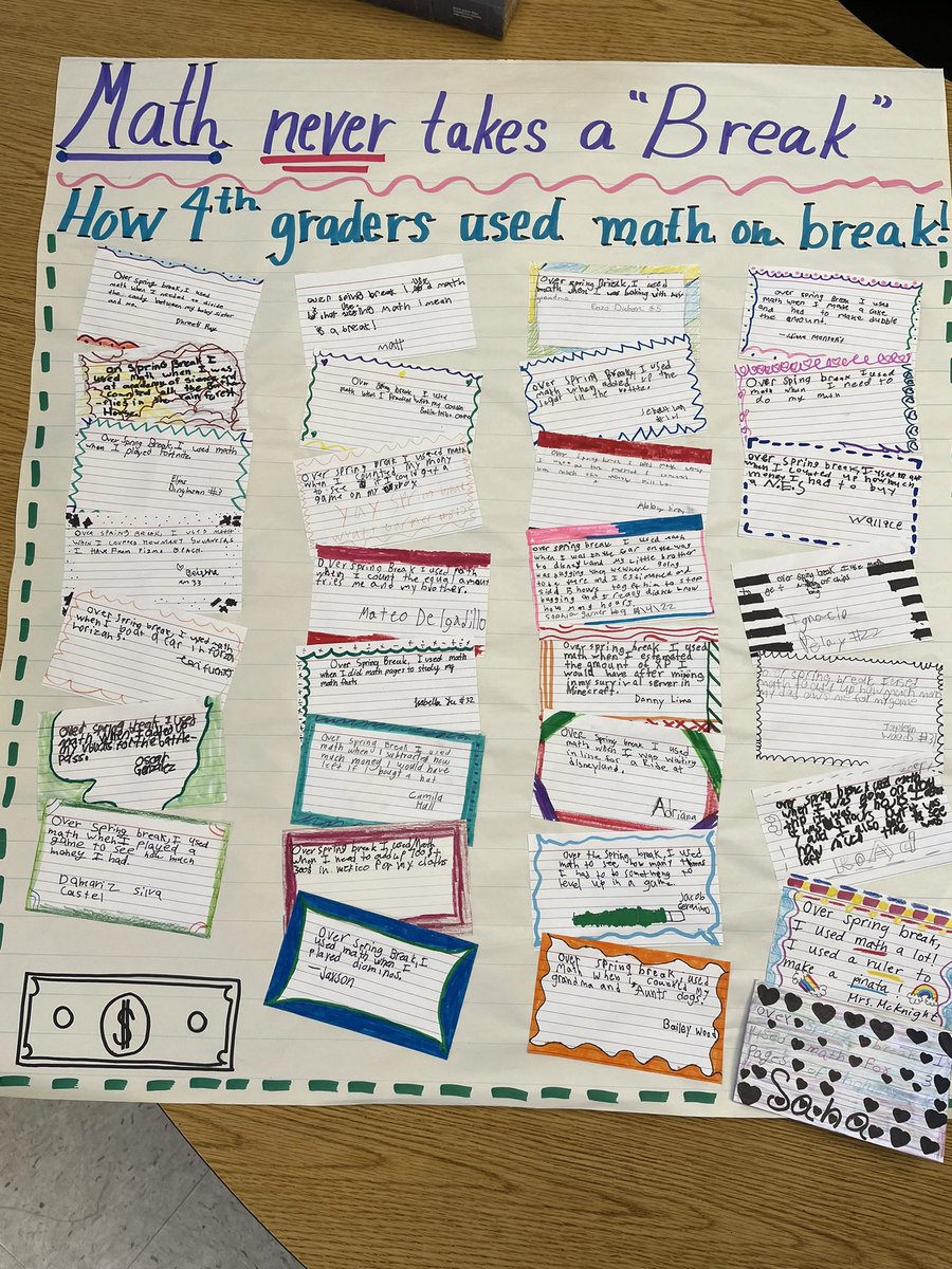 GarinFab4th's tweet photo. Garin 4th graders in Mrs. Land’s class brainstormed ways they used math and reading during Spring Break! #TheGarinWay #WeareBUSD https://t.co/Bf7dsoKyzX
