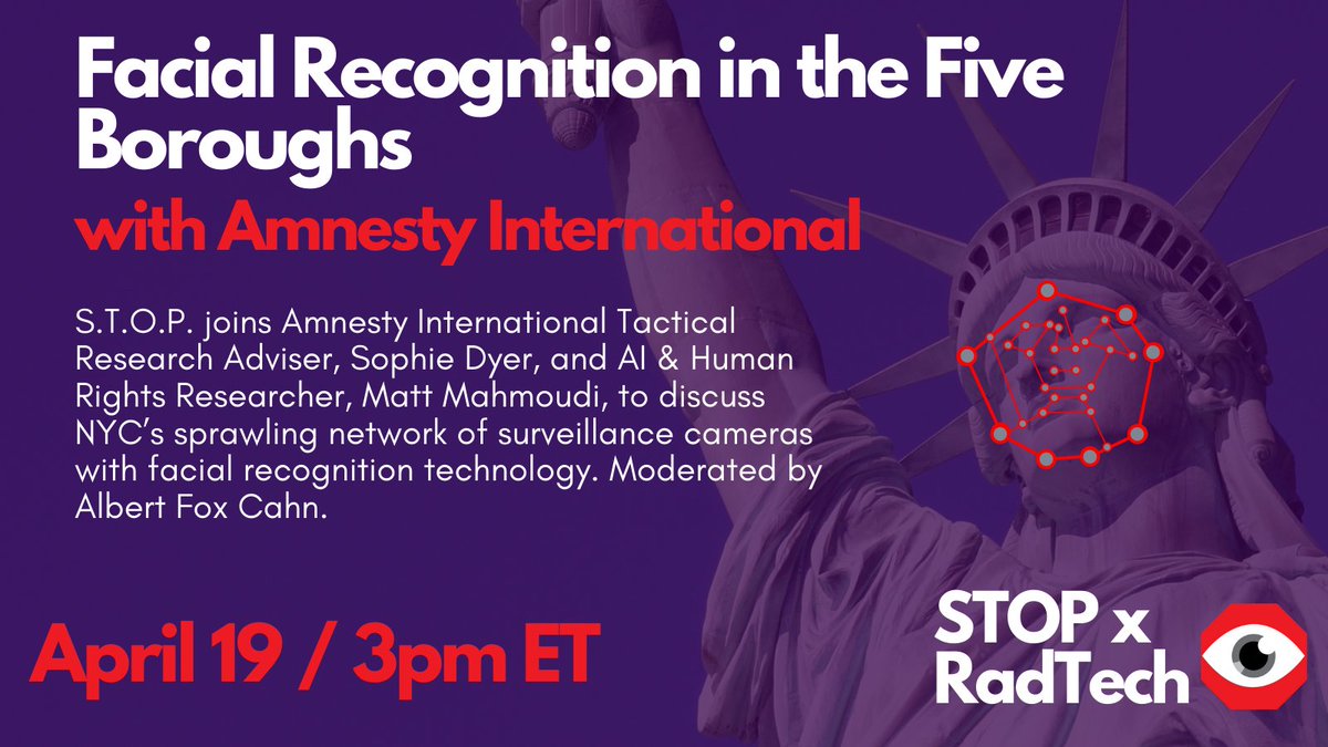 STOPSpyingNY's tweet photo. RadTech is back! Tuesday, April 19 at 3 PM 🗓️
​
​@FoxCahn, @sophiecdyer, &amp; @DocMattMoudi discuss the dystopian network of #FRT in the Five Boroughs - the faulty tech surveilling NYC's Black &amp; Brown communities 📹 #BanTheScan @amnesty

​​Register here! https://t.co/WosQ2SpXrQ https://t.co/pkfGJdOu7R