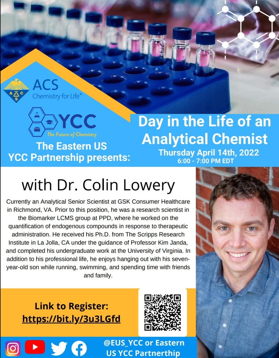 CVS_YCC's tweet photo. We invite you to attend the virtual seminar Day in the Life of an Analytical Chemist! April 14 from 6-7PM

Link to register: https://t.co/MtQsy9mG1c https://t.co/7F6MVwsYJv