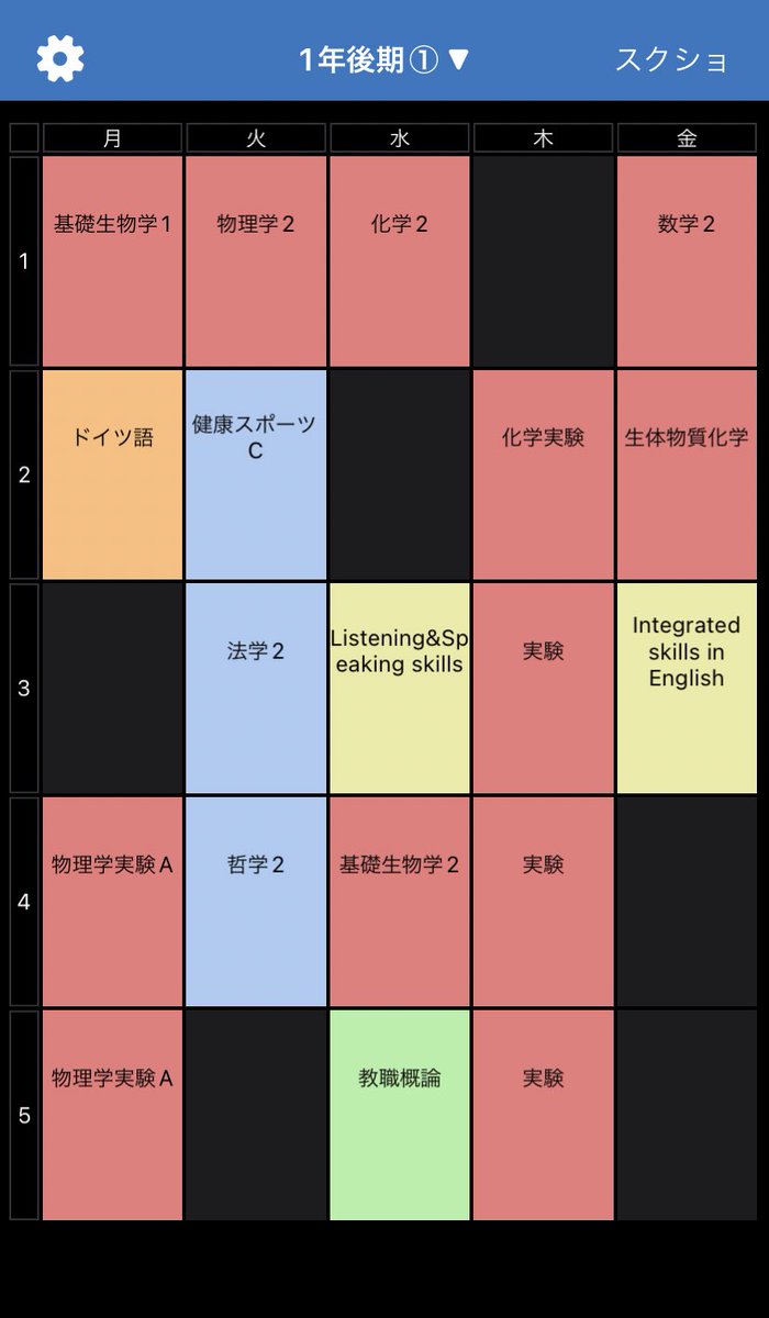 BotchanLab_2nd's tweet photo. 【時間割紹介】
応生の方必見〜〜！👀🧪🧬

履修決めで分からないことがあればぜひ相談してください！

坊ちゃんlabは応生のメンバーがほとんどなので今回は3人の応生メンバーの時間割を紹介していきます！

1人目

赤:必修  青:一般教養   オレンジ:二外
黄色:英語   になってます！ https://t.co/6Pha5jvJiY