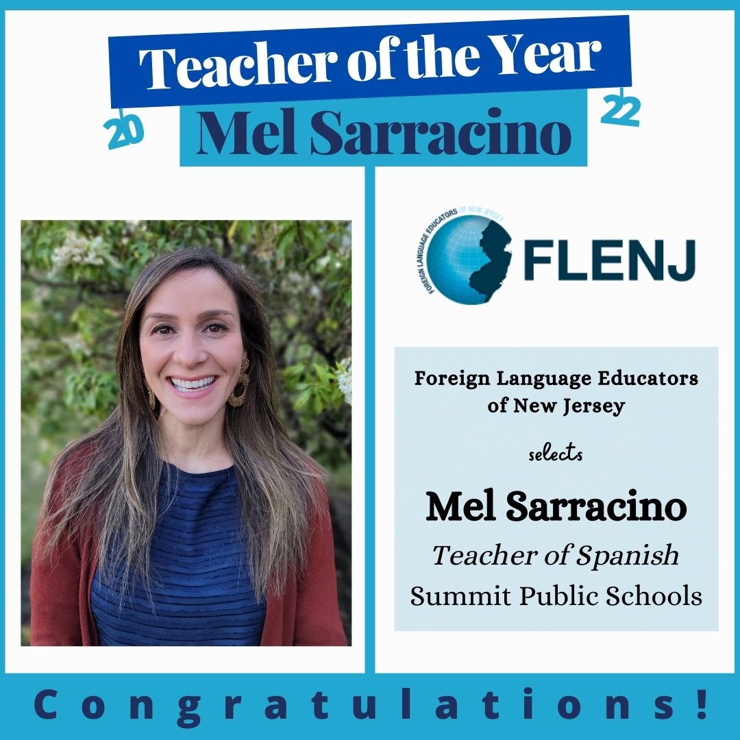 We are thrilled to announce the selection of Mel Sarracino of <a href="/SummitSchoolsNJ/">Summit Public Schools</a> as #FLENJ Teacher of the Year! ¡Felicidades Mel!