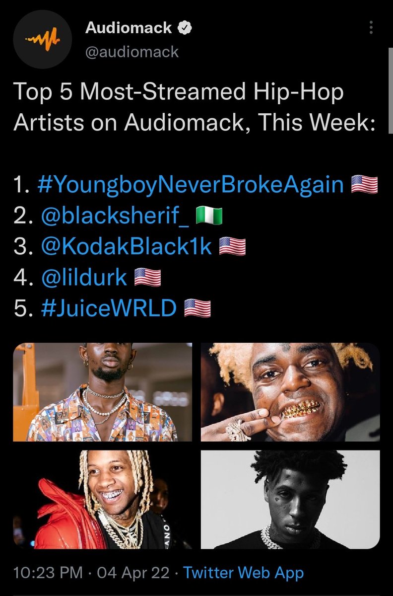 gyaigyimii's tweet photo. Most streamed Hip-Hop Artists on Audiomack this week. Black Sherif ahead of Kodak Black, Lil Durk and JUICEWRLD 🇬🇭🇬🇭🇬🇭😍😍🔥. https://t.co/mJx4BZHgH8