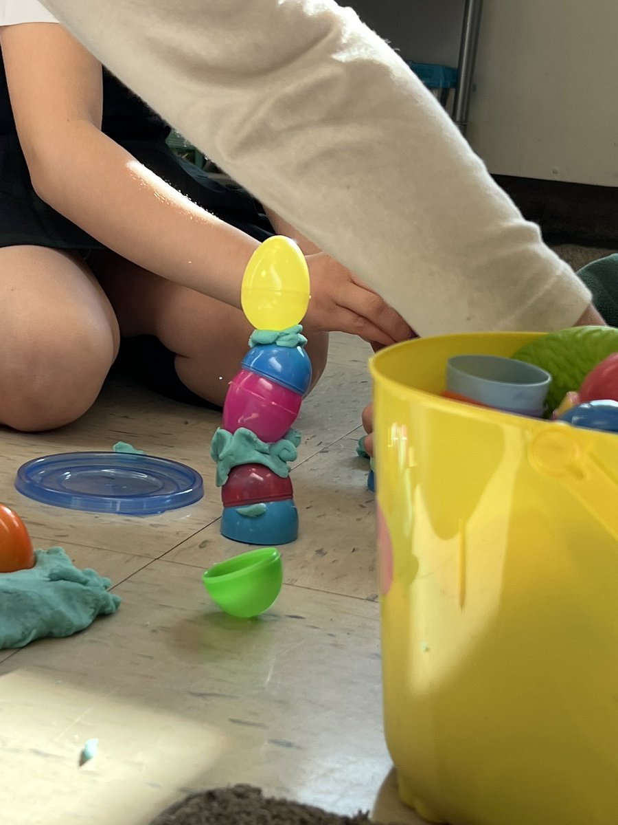 DeniseGertz's tweet photo. STREAM Day at my school- I was in charge of “E” / engineering. I challenged the students to create a tower out of plastic eggs and play-dough to hold a peep. I had 80+ students come through my class. #streameducation #engineeringintheclassroom #eggtower #springthemed #teacherlife https://t.co/fbYEkpOQgj