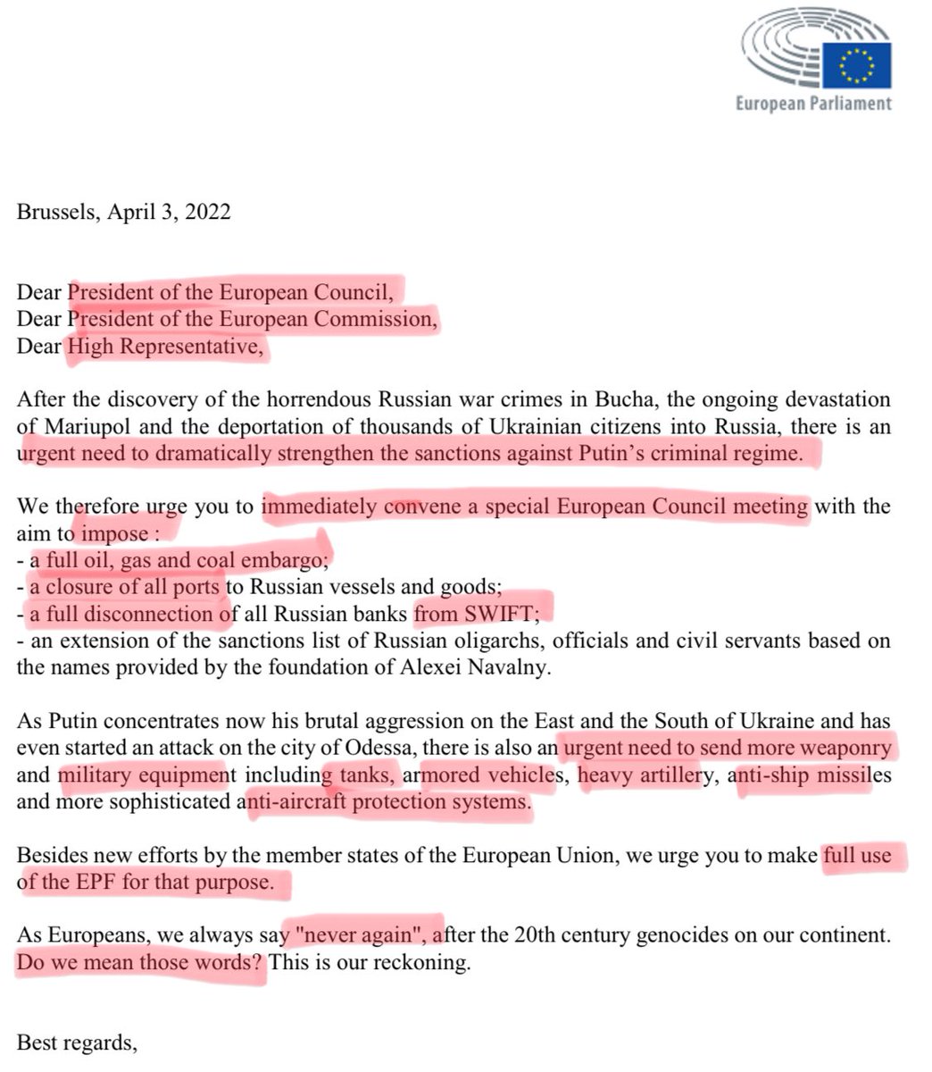 Call to:
- to impose crippling sanctions on Russia
- to arm Ukraine to the teeth

Letter to EU executives, from European Parliament,
signed by 207 EP Members