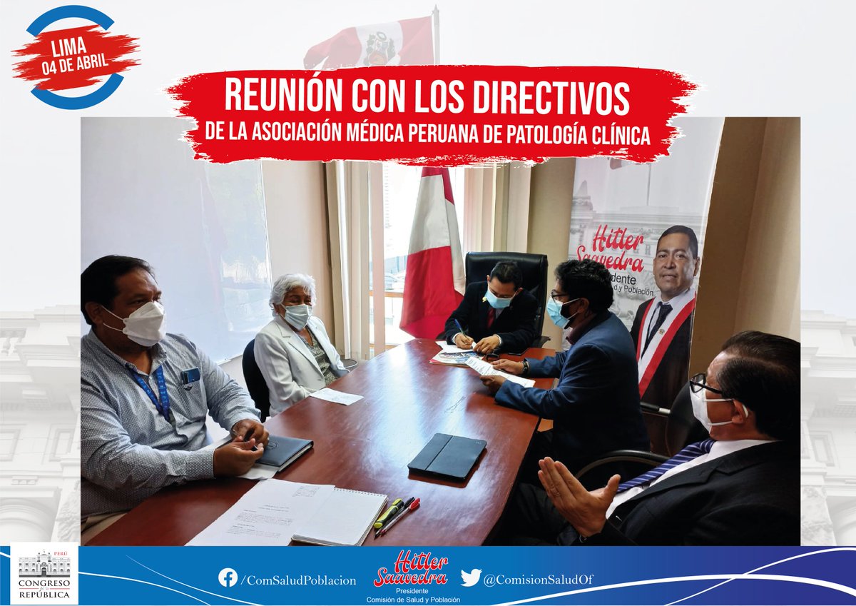 CDescentraliza's tweet photo. #Noticias| #ComisiónDeSalud
Hoy el presidente de la Comisión de Salud y Población,  @HitlerSaavedra se reunió con los directivos de la Asociación Médica Peruana de Patología Clínica.
#TrabajandoPorLaSalud https://t.co/tbnkrkt2kf